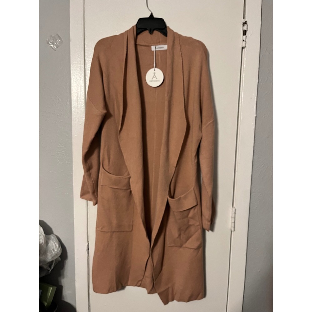 ANRABESS Womens Open Front Duster Cardigan Sweater Camel Tan Pockets Medium NEW